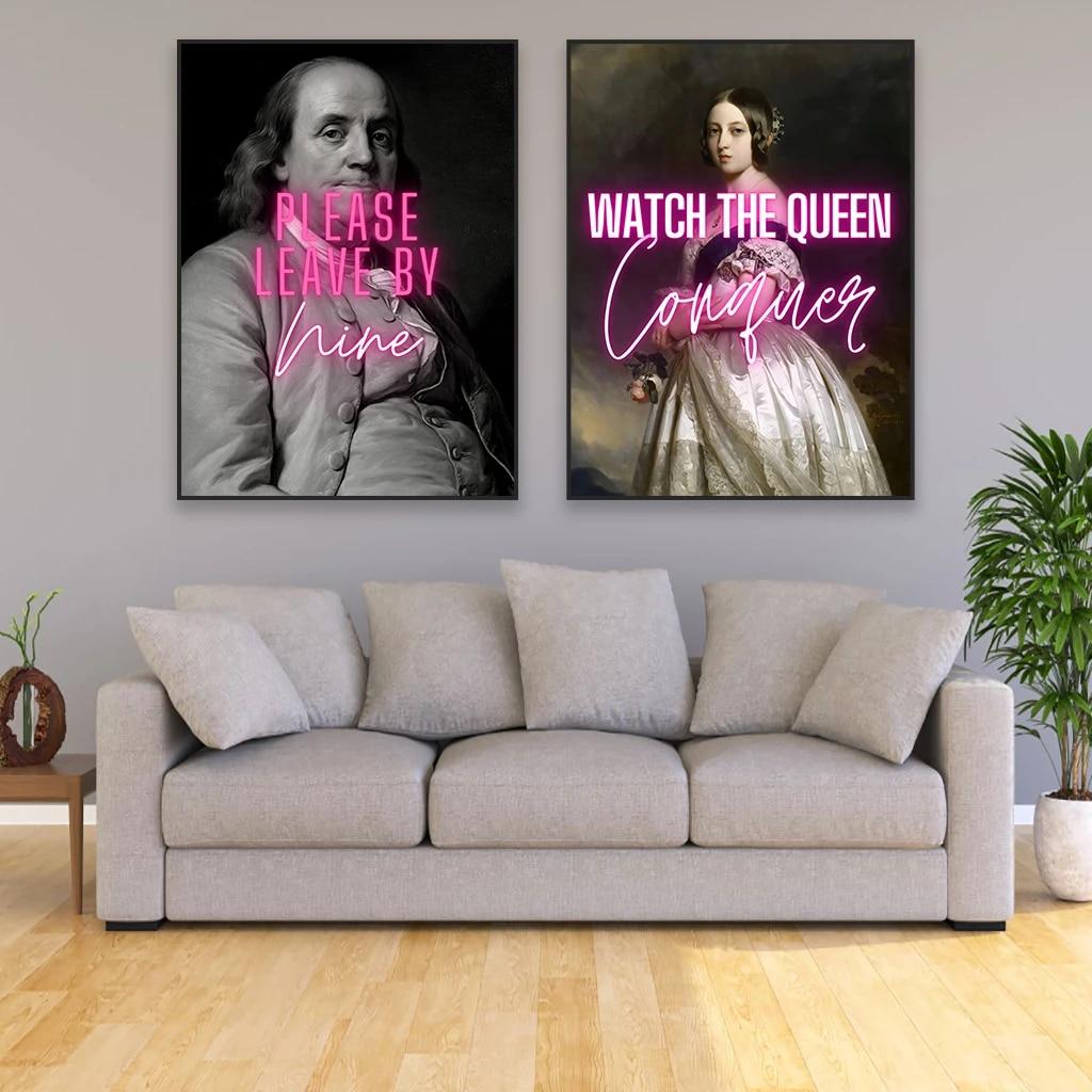 Funny Quote Art Oil Painting Watch The Queen Conquer Canvas Painting Altered Art Baroque Print Rococo Art Home Living Room Decor