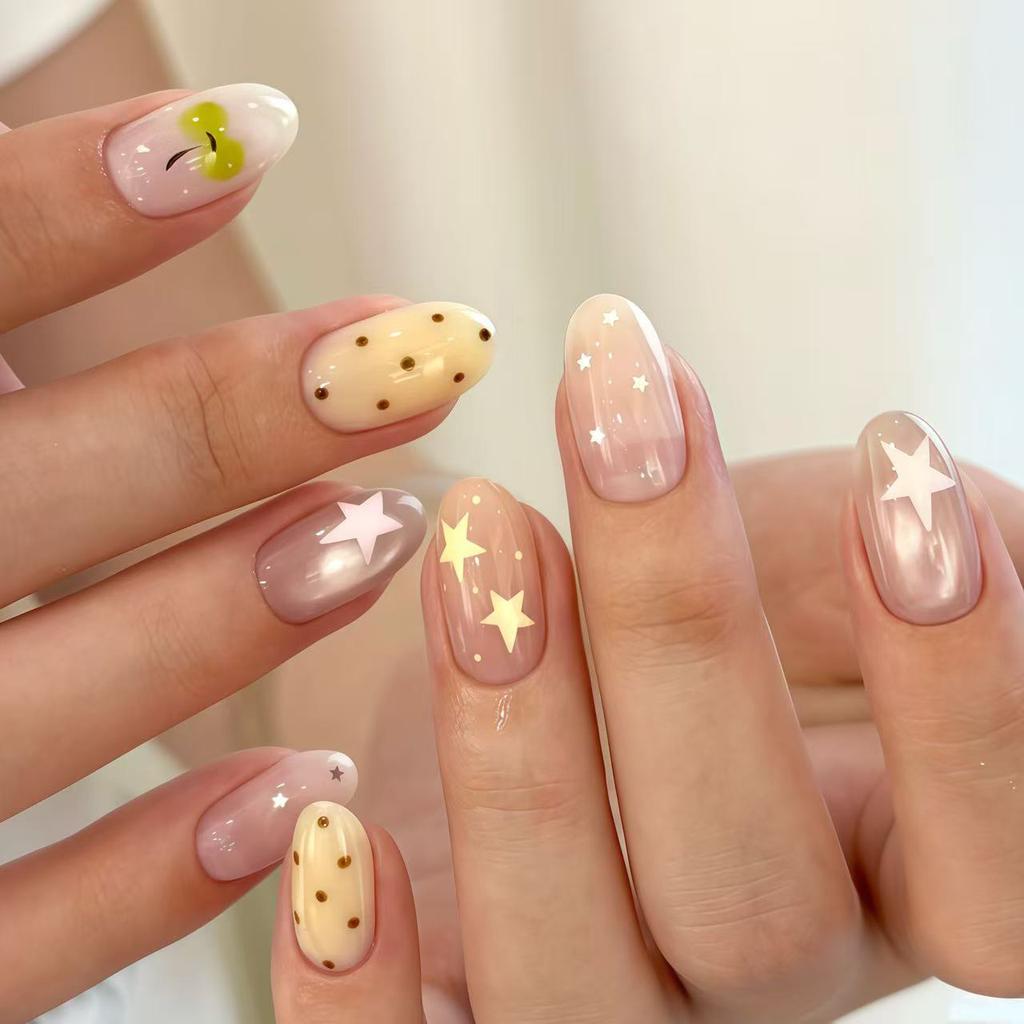 24Pcs Green Design Full Nail Tips Short Round Head False Starry Polka Dots Pattern Stick on Nails Aurora Fake Nail Art