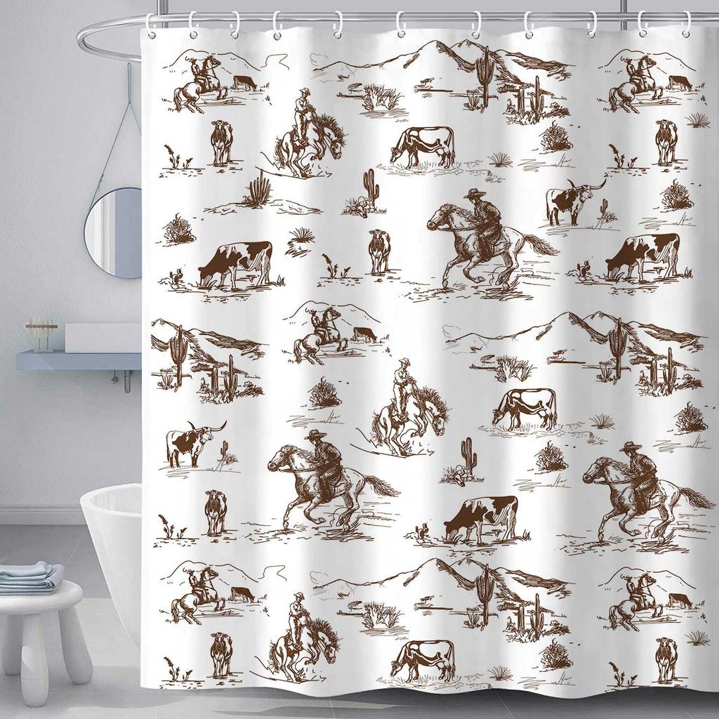 Western Denim Shower Curtain Farmhouse for Bathroom Village Cactus Desert Riding Shower Curtain with Hook 180x180cm