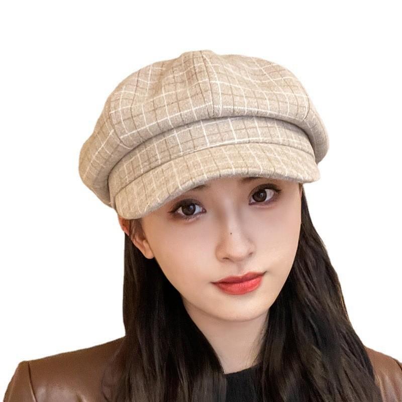 Retro Beret With Grid Printing Design Suitable For Daily Dressing Outdoor