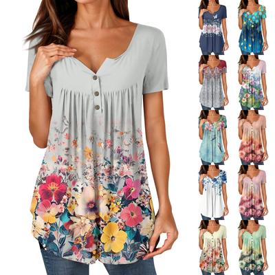 Women Tunic Tops Dressy Casual Summer Short Sleeve Shirts Loose Fit Pleated Boho Top