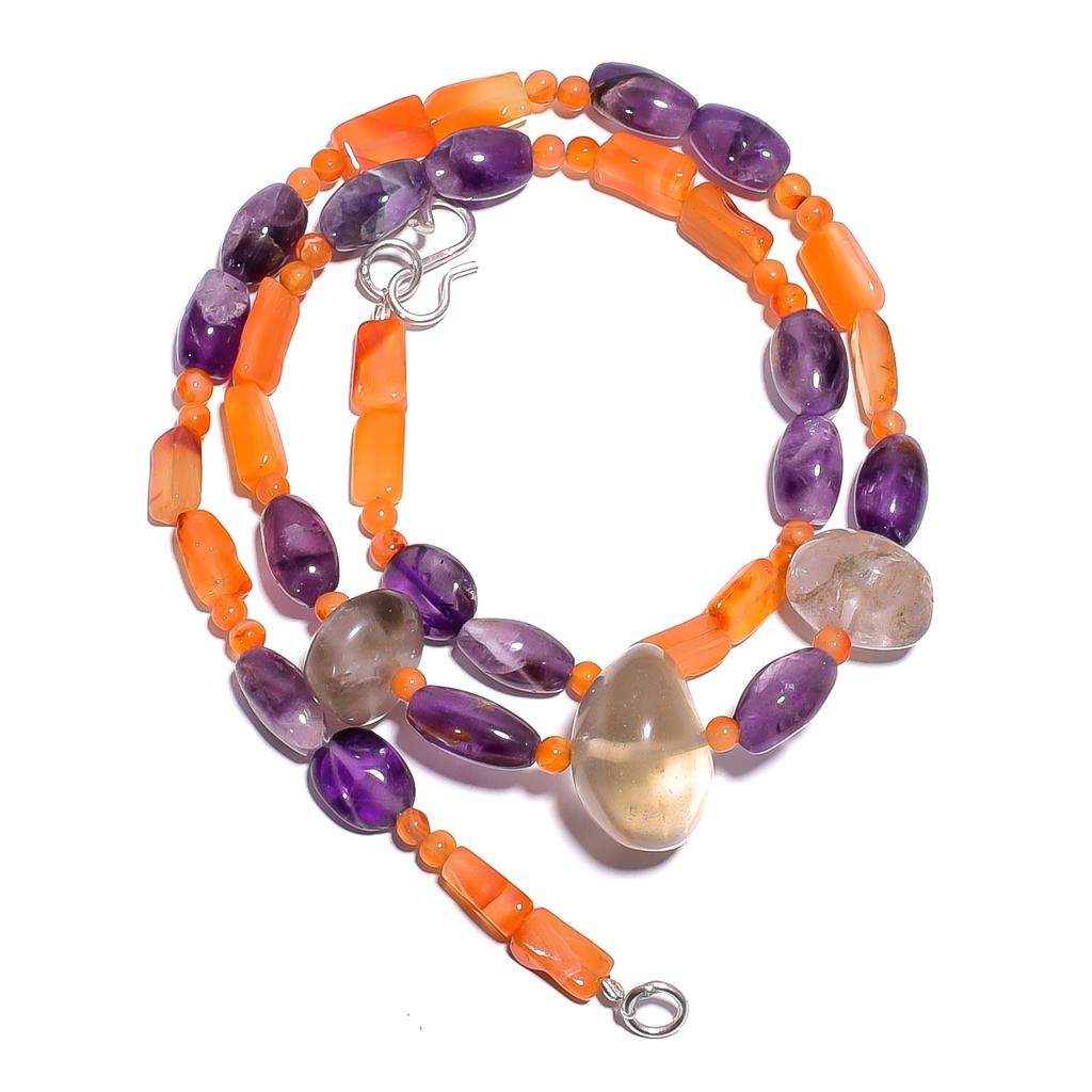 Natural Smoky Quartz Carnelian Amethyst Gemstone Beads Necklace 17" UB-4699 UB-4699