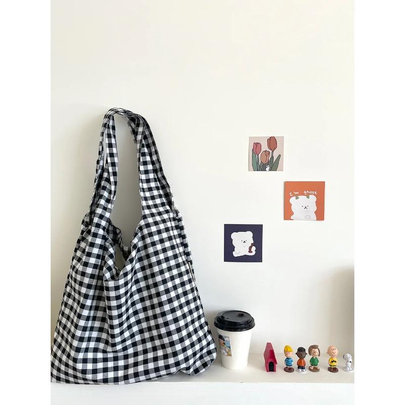 Vintage Plaid Women's Vest Shoulder Bags Large Capacity Female Reusable Shopping Bag Cott Cloth Schoolgirls Book Tote Handbags