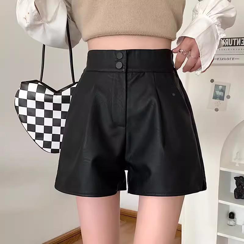Women's PU Leather High-Waist A-Line Bootcut Shorts, Slimming Loose Fit, Casual Autumn 2025 Collection.