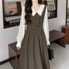 Spring Autumn Elegant Fashion Fake Two Pieces A-line Dress Ladies Long Sleeve Vintage Patchwork Robe Vestidos