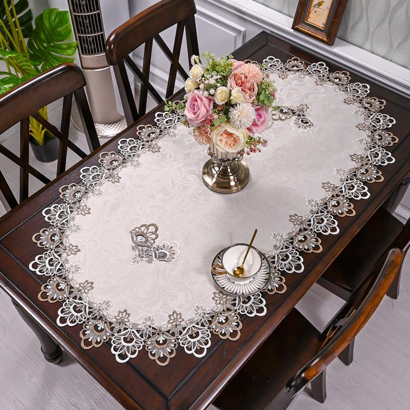 European Oval Living Room Table Mat Tea Table Dining Table Cloth Lace Edge Fabric Heat-resistant and Dustproof Tablecloth