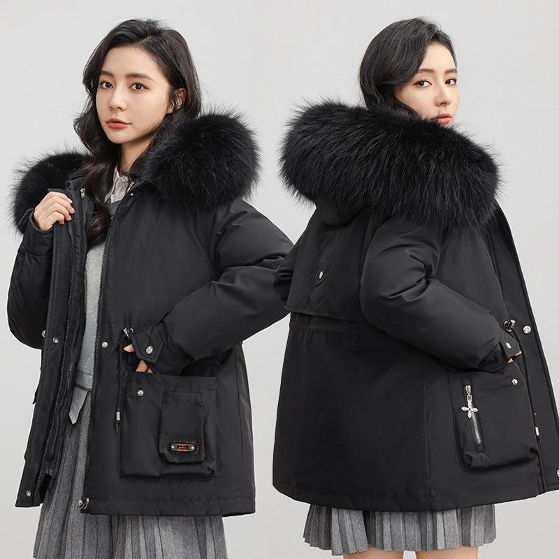 Pie Overcomes Women's Winter New Fleece Thickened Down Cotton Jacket Large Pocket Loose Cotton Jacket Waist Outside