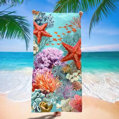 Realistic Red Starfish Coral Undersea Beach Towel Ocean Wildlife Print Quick Dry Absorbent Lightweight Towel for Beach Vacation