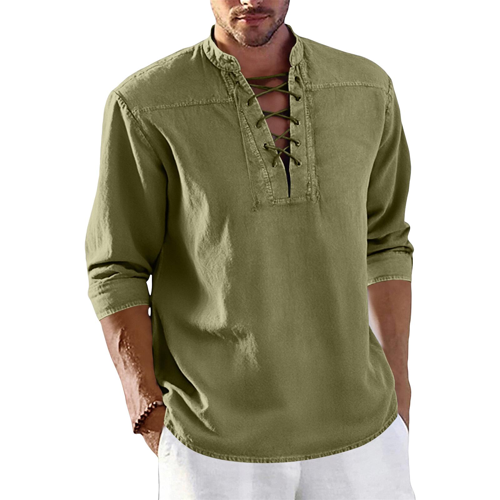 

Men s Solid Color Vintage Laced Stand-Collar Loose Casual Shirt L армія зелений колір