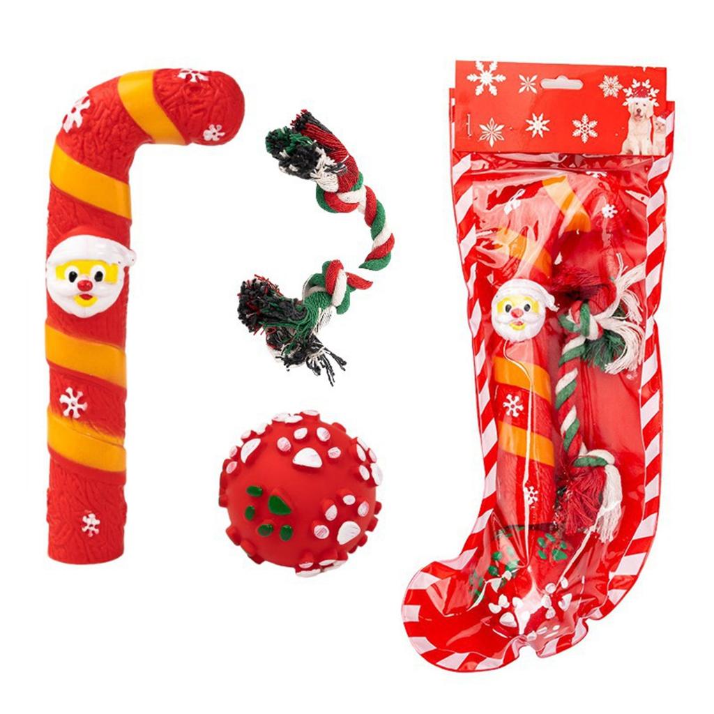 Conjunto de Presente de Brinquedos de Natal para Cães para Roer e Brincar Bolas de Plástico Macio e Corda Resistência à Mordida Brinquedo de Festival para Animal de Estimação