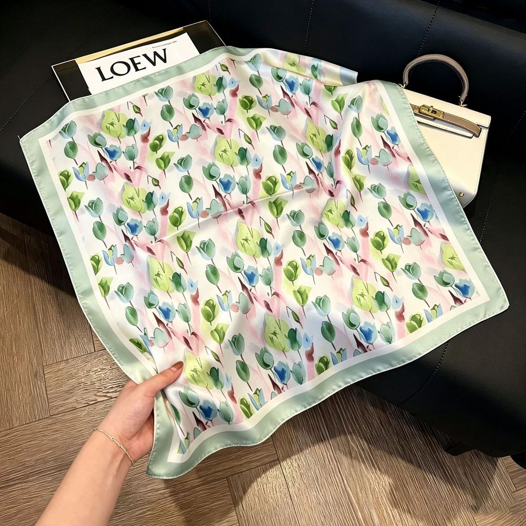71Cm New Chinese Simulation Silk Square Scarf Soft and Skin-friendly Ink Flower Rhyme Printing Silk Scarf Neck Sunscreen Small Scarf