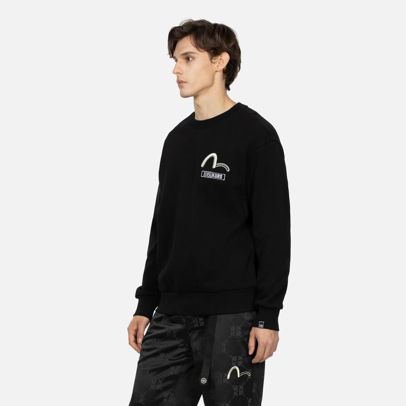 Evisu AW23 Multi-Element Letter Print Crew Neck Long Sleeve Pullover Loose Hoodie Men Hoodies Black 2EAGNM3SW5163RXFL