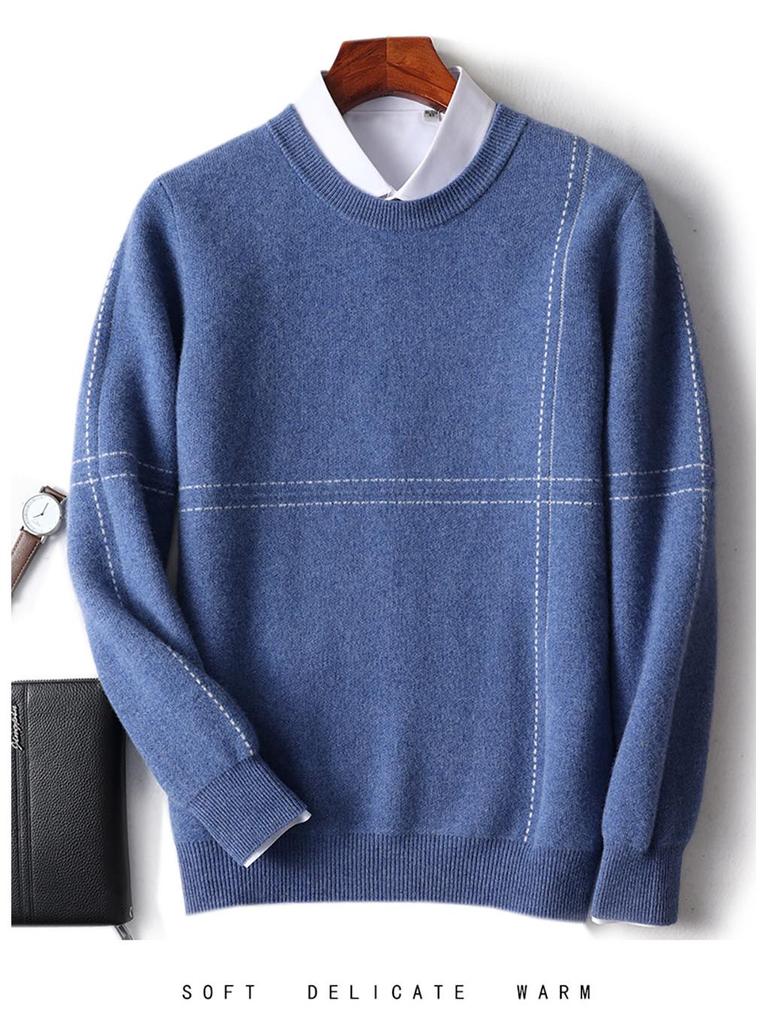 Men's Loose Round Neck 100% Wool Autumn & Winter Thick Knit Pullover Sweater