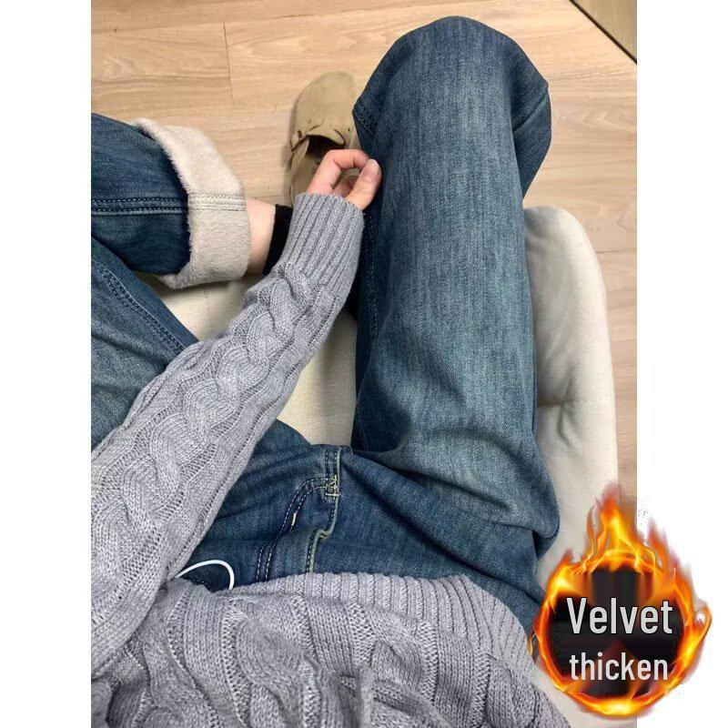 

Женские ретро синие джинсы с высокой посадкой и широкими штанинами на флисовой подкладке - Зимние, больших размеров, стройнящие, брюки прямого кроя S