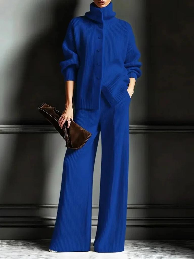 Podzim Zima Nový Pletený Kardigan s Vysokým Límcem Jednobarevný Dlouhý Rukáv Široké Kalhoty Set 2dílný Outfit