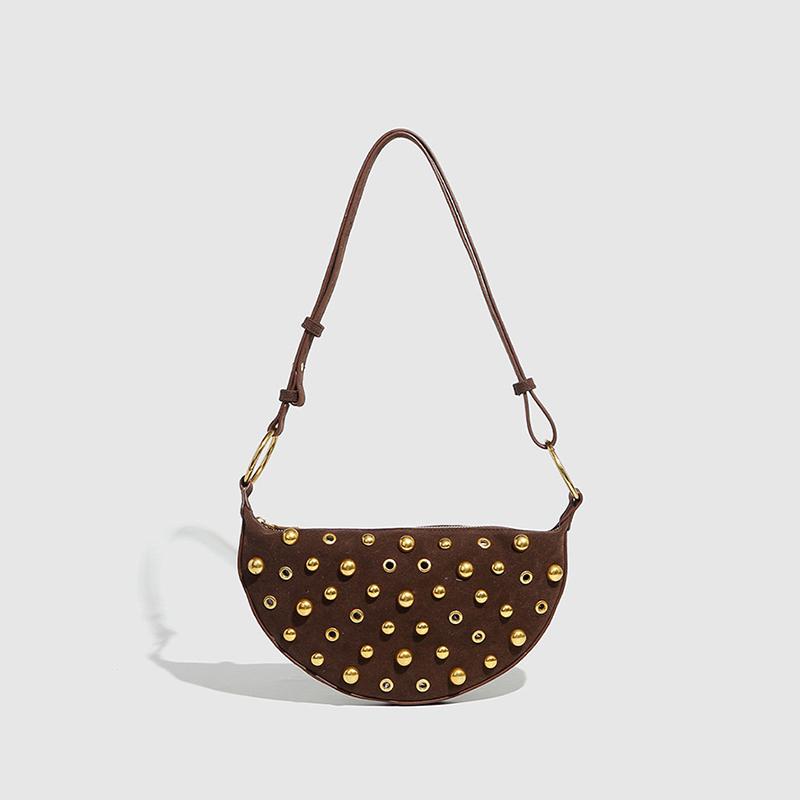 

Сумка на плечо с заклепками, сумка-полумесяц с заклепками для женщин, классическая сумка под мышкой, высококлассные ретро сумки на плечо в горошек с заклепками коричневый