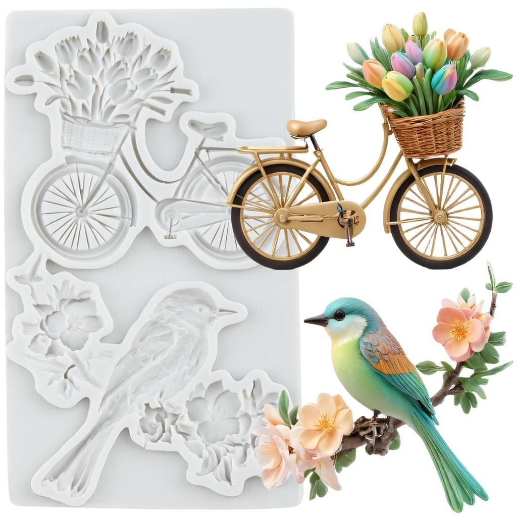Blossoms Birds Silicone Mold Bicycle Fondant Molds Cake Decorating Tools Theme Cake Dessert Decorated Chocolate Candy Mold