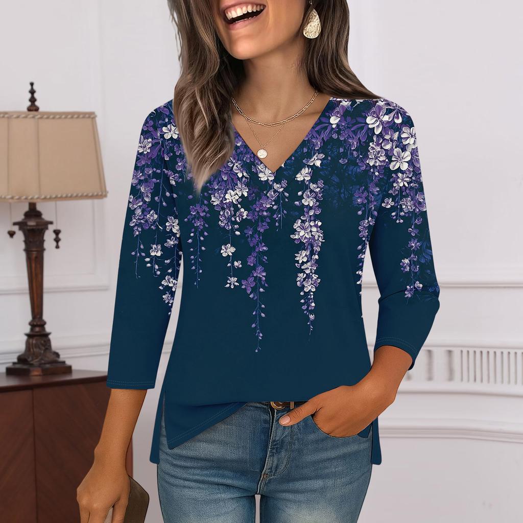 3/4 Sleeve Shirts For Women  Print Graphic Tees Blouses Casual Plus Size Basic Tops Pullover