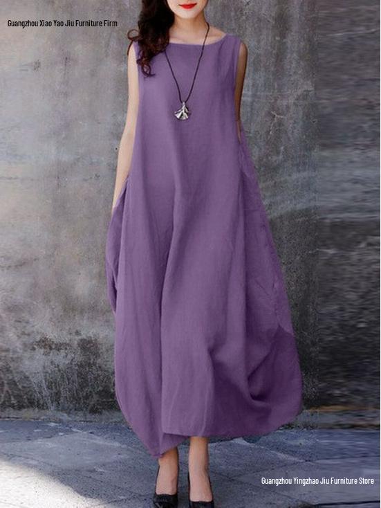 European & American 2026 Summer Women's Casual Cotton Linen Dress - Loose Fit, Wide Hem, Round Neck, Solid Color with Pockets.