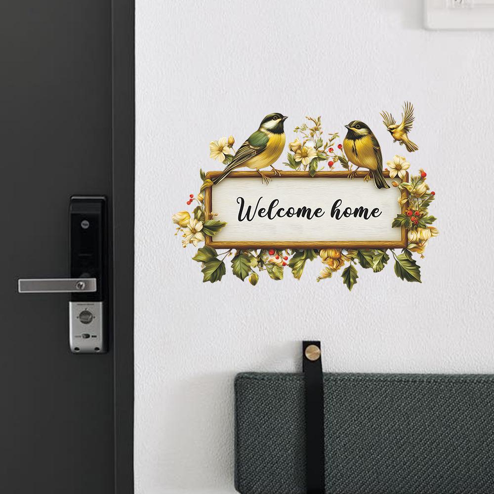 Hand Painted Floral Welcome Sign with Hummingbird Door & Wall Sticker for Living Room Home Decor Self-Adhesive Removable Decal