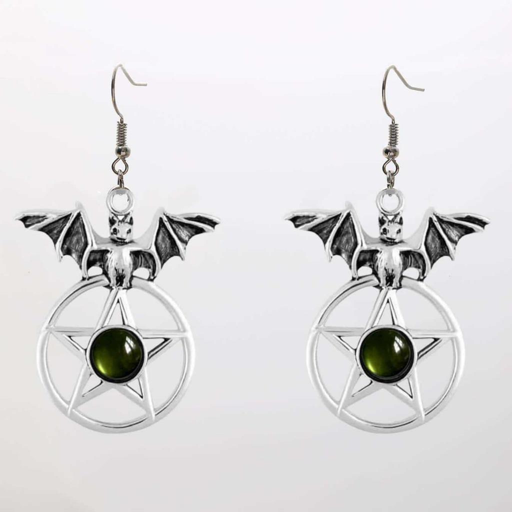Goth Punk Sliver Color Vampire Bat Five-pointed Star Red Crystal Pendant Dangle Earrings for Women Halloween Party Witch Jewelry