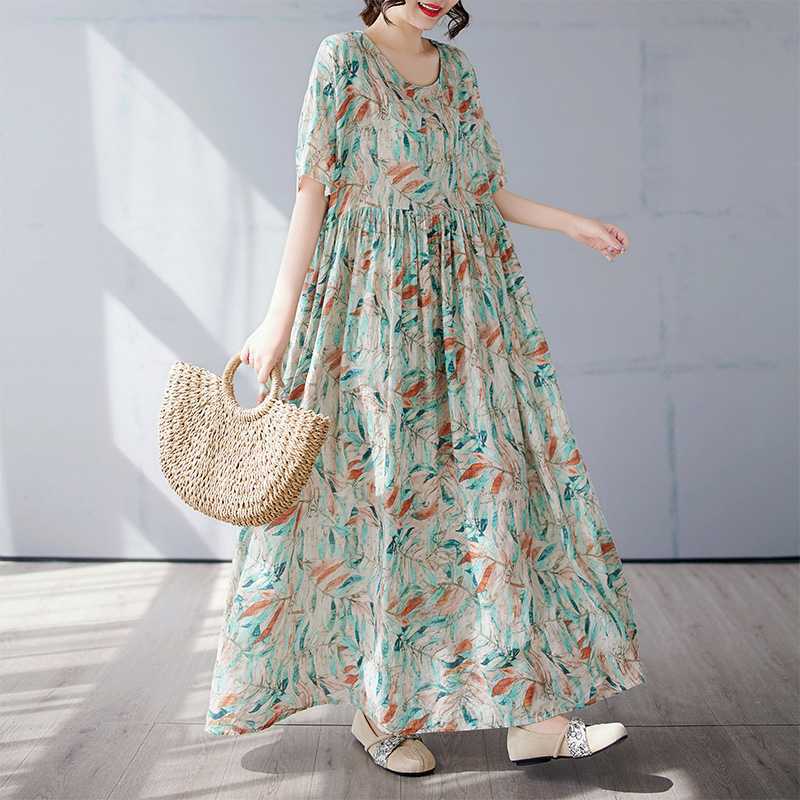Women's Simple and Fashionable Long Skirt, Short Sleeved Round Neck Printed Dress