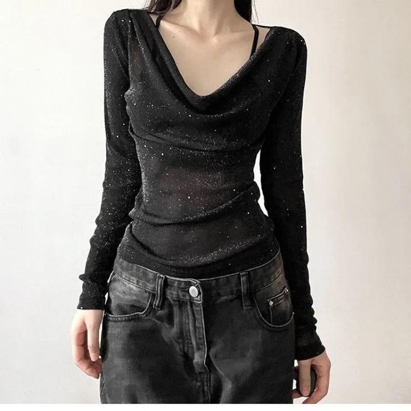 Women's Glitter Top Long-Sleeve Cowl Neck with Ruched Slim Fit