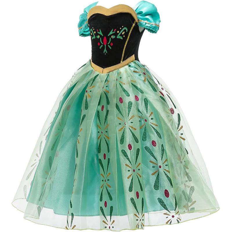 Princess Dress For Girls, Kids Birthday Halloween Costume Set With Crown Wand Gloves Wig