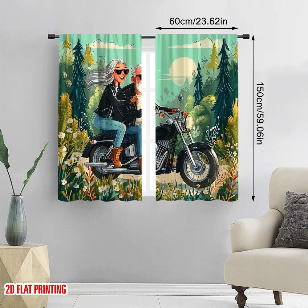 2pcs,2D Plane Printing Window Curtain Grandpa and Grandma Riding Motorcycles Polyester Woven (without Rod) Festive Perfect for