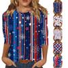 Women's Fashionable Casual Independence Day American Flag and Stars Print Neck Three-Quarter Sleeve T-Shirt Top