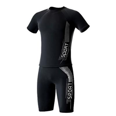 Men Swimming Shorts Water Sport Top O Neck Short Sleeve Slim Fit Elastic Breathable Quick-drying Striped Knee Length Pants Surfing Swimwear