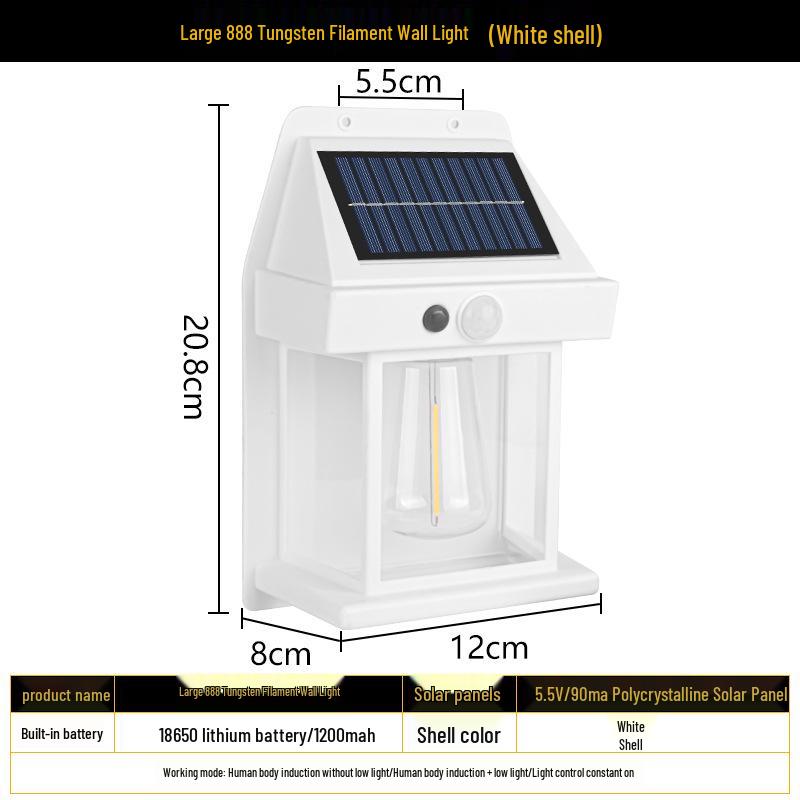 Solar Outdoor Wall Light with Human Body Sensor, Three Modes, Tungsten Filament, Waterproof for Garden or Villa Night Lighting.