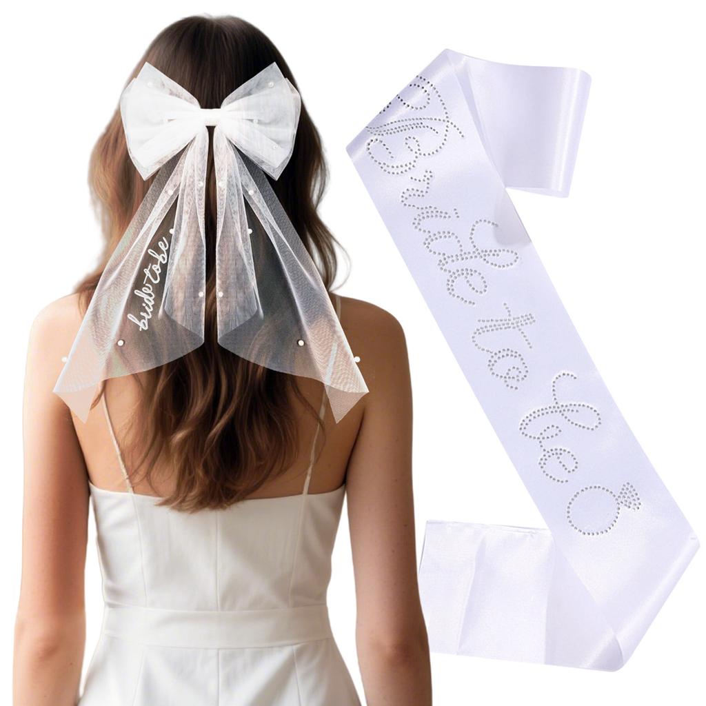 2026 Fashion Bridal Bow Embroidery Hairpin Pearl Hot Silver Shoulder Strap Bachelor Party Super Fairy Mesh Set