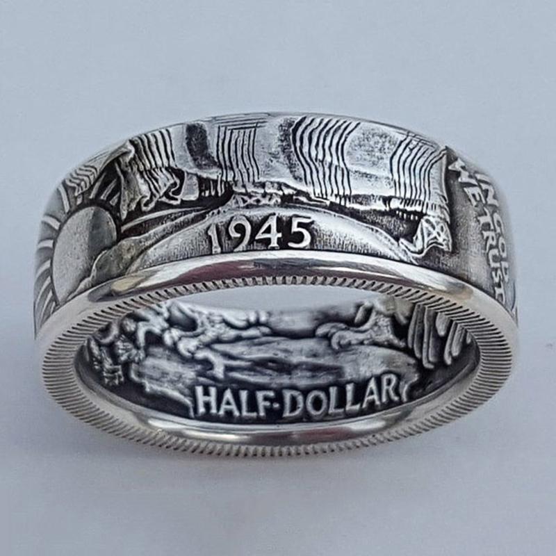 New US 1945 HALF DOLLAR Men Rings Commemorative Gift for Boyfriend Handmade Vintage Party Male Ring Jewelry Drop Shipping