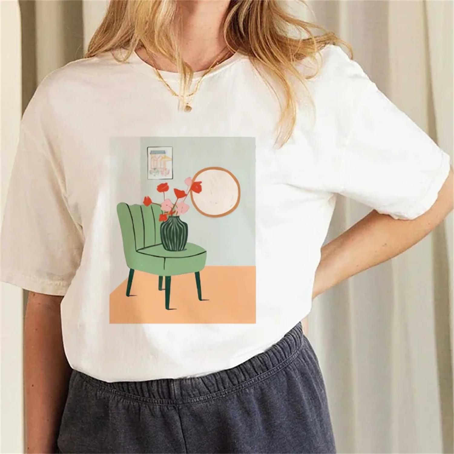 Pattern Art Cartoon Print Watercolor Round Neck 90s New T-Shirt Regular Versatile Basic Summer Women s Casual Style T-Shirt S