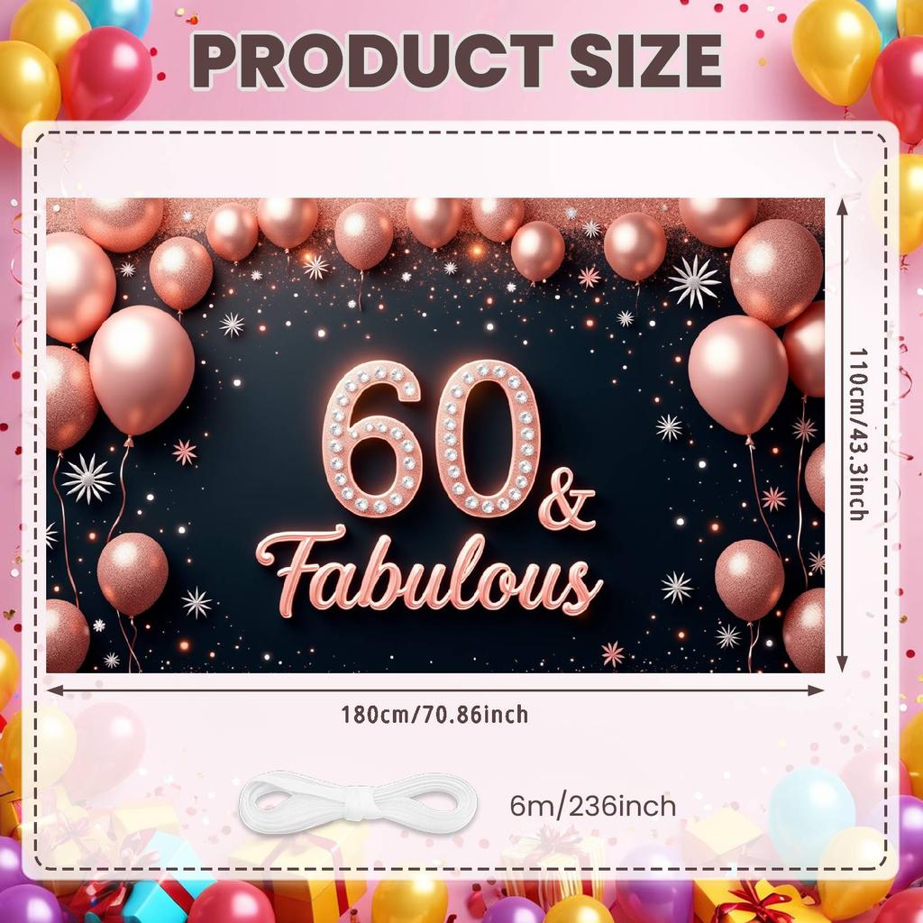 60th Birthday Banner Balloon Decor Fabulous Birthday Background 60th Celebration Banner Glitter Accents For Birthday Photo