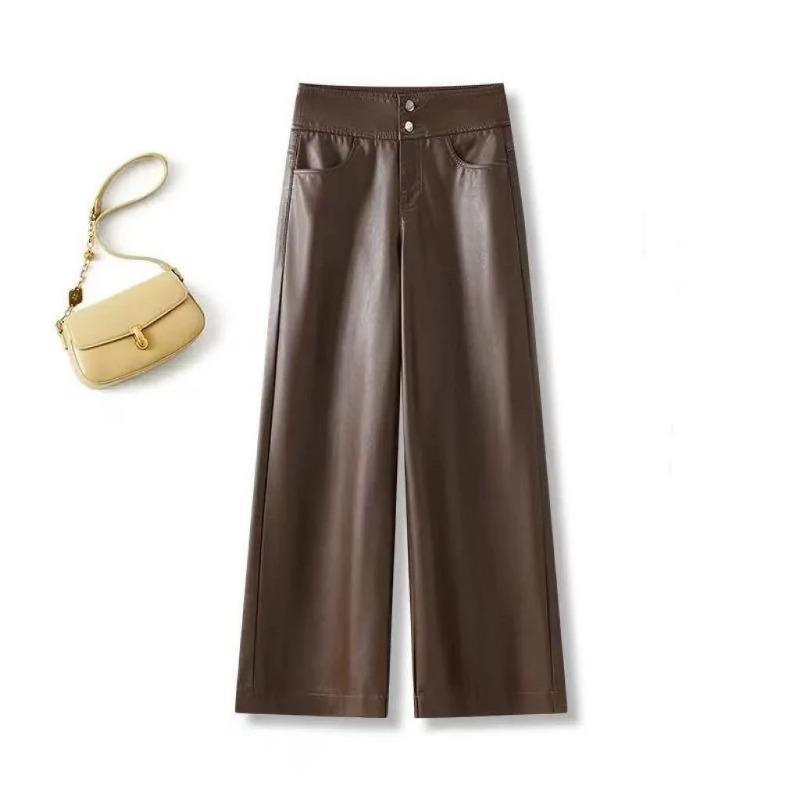 Women Autumn High Waist Faux Leather Wide Leg Pants