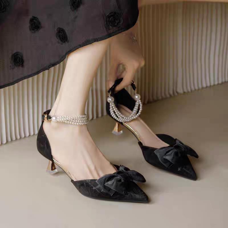 Women's Shoes 2025 Summer New High Heels Bow Silk Thin Heel Shallow Mouth Straight Buckle Strap Pointed Sandals for Women