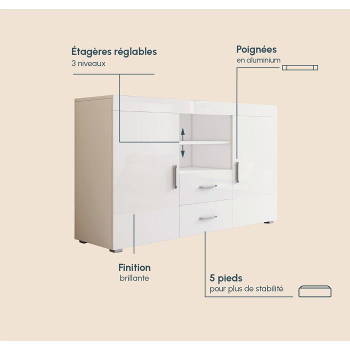 Buffet Bahut 2 portes 2 tiroirs | 140 x 80 x 40 cm | Couleur Blanc Brillant | Rangement | ROQUE