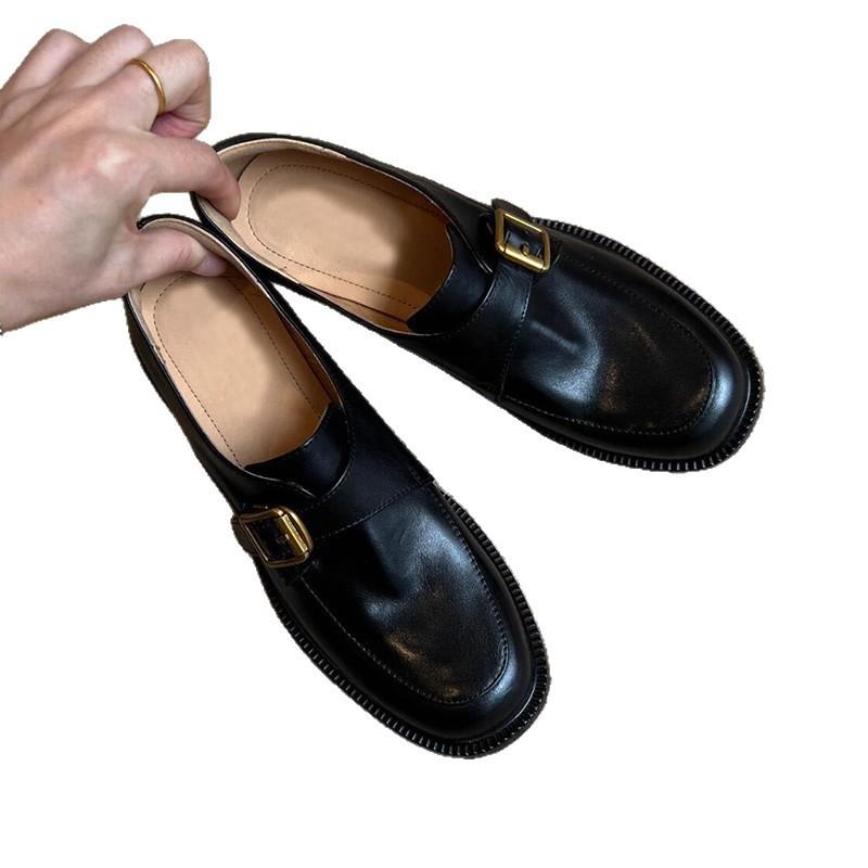 Sheepskin version! This year's popular loafers British style black retro round head metal buckle thick heel French single shoes