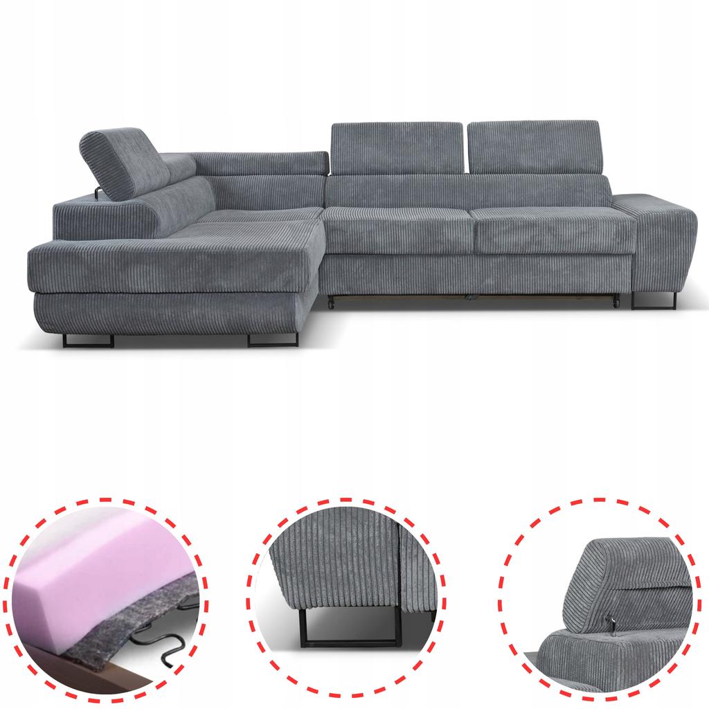 Corner Sofa, Foldable, F, Sleeping, Savio, Left, Family Furniture, Gray Corduroy