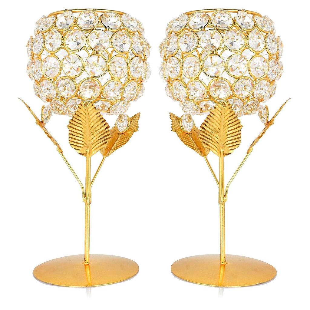 Beautiful Crystals Rose Gold Polish Candle Holder for Decoration Set of Two 9 Inches , Metal