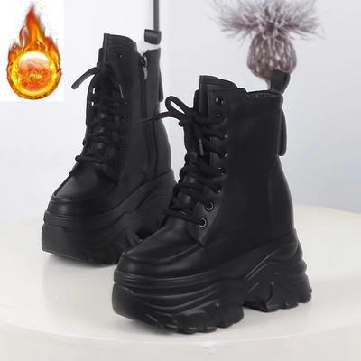 Mode 12CM Herfst Platform Enkellaarsjes Dames Chunky Schoenen Veterschoenen Tennis Sneakers Vrouw Leren Laarzen Wandelschoenen