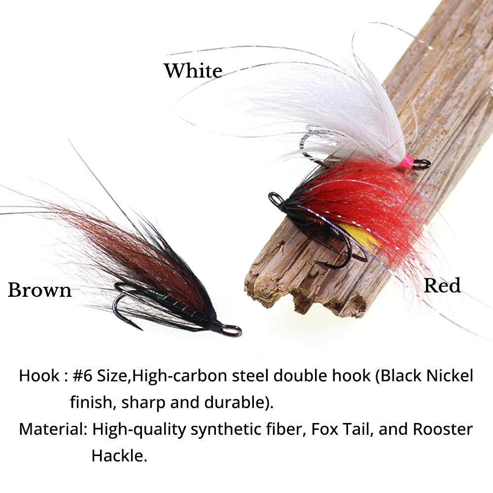 #6 Double Hook Salmon Steelhead Wet Flies, Intruder Style Fox Tail Streamer Fishing Lure, Trout Bass Bait Freshwater & Saltwater