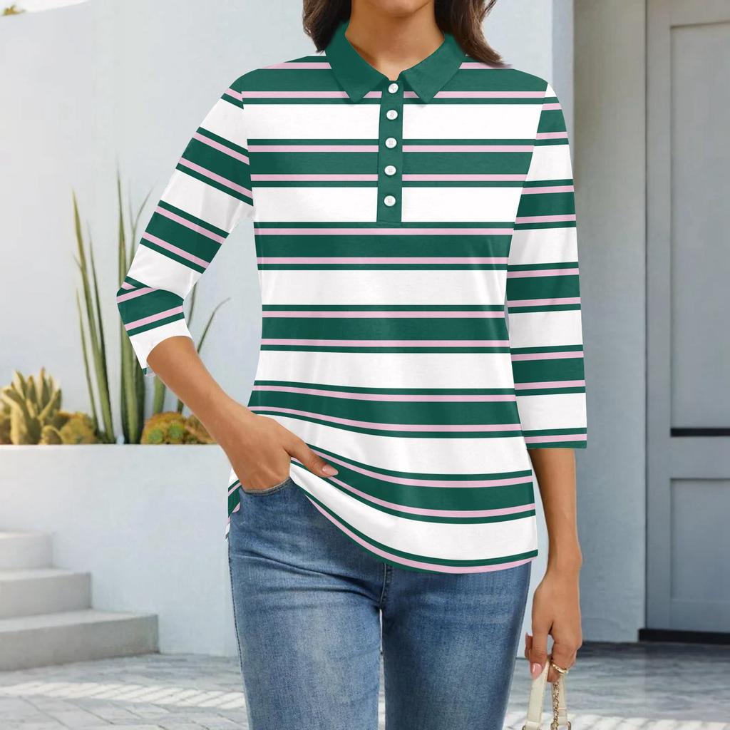 Dámská móda Ležérní klopa Krátký 3/4 rukáv Potisk Košile Dámské zapínací topy