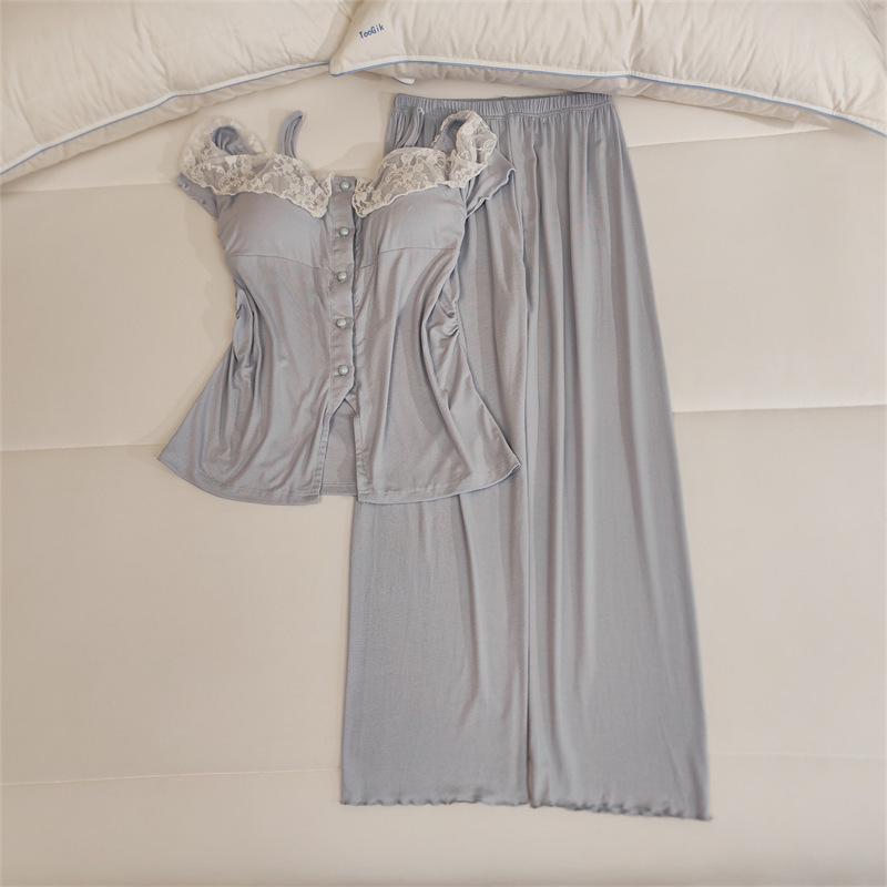 Women's Lace Camisole Sleepwear Set with Chest Pads - Sweet & Sexy Spring/Summer Homewear.