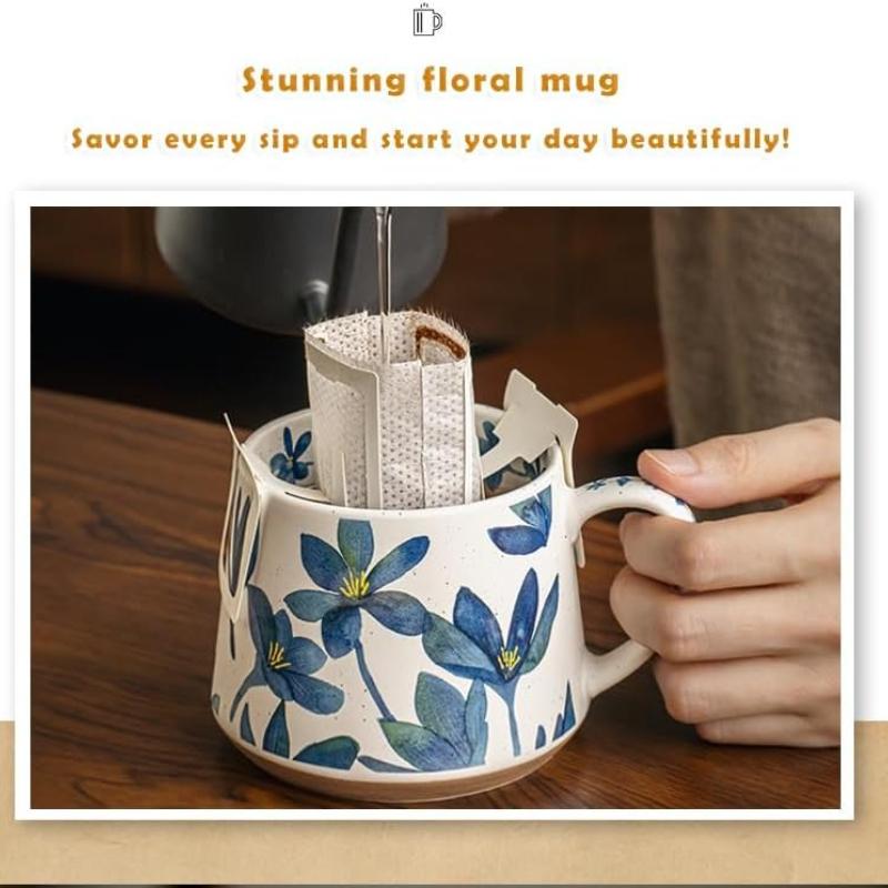 Stor keramisk kaffemugg 360ml, Söt kopp för kvinnor, Idealisk för te eller kaffe, Handmålad blommig design keramikmugg, 1 st