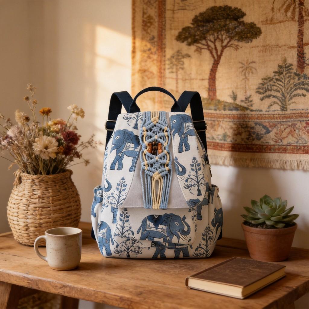 Ethnic Style Blue Elephant Canvas Backpack With Expandable Capacity For Travel And School Use