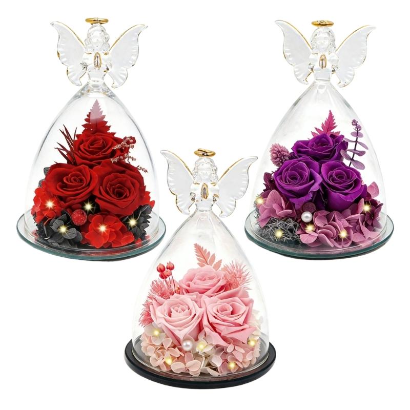 Festliche Engel-Glasglocke mit konservierter Rose – ein wunderschönes Accessoire für Weihnachts- und Valentinstagsdekorationen und als charmantes Wohnaccessoire.