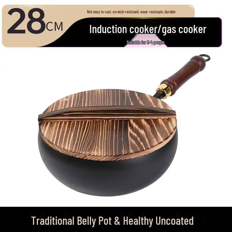 Zhangqiu Handgefertigter Antihaft-Eisen-Wok: 24CM Wok mit großem Bauch zum Pfannenrühren, für Gerichte, zum Schmoren & für Suppe.